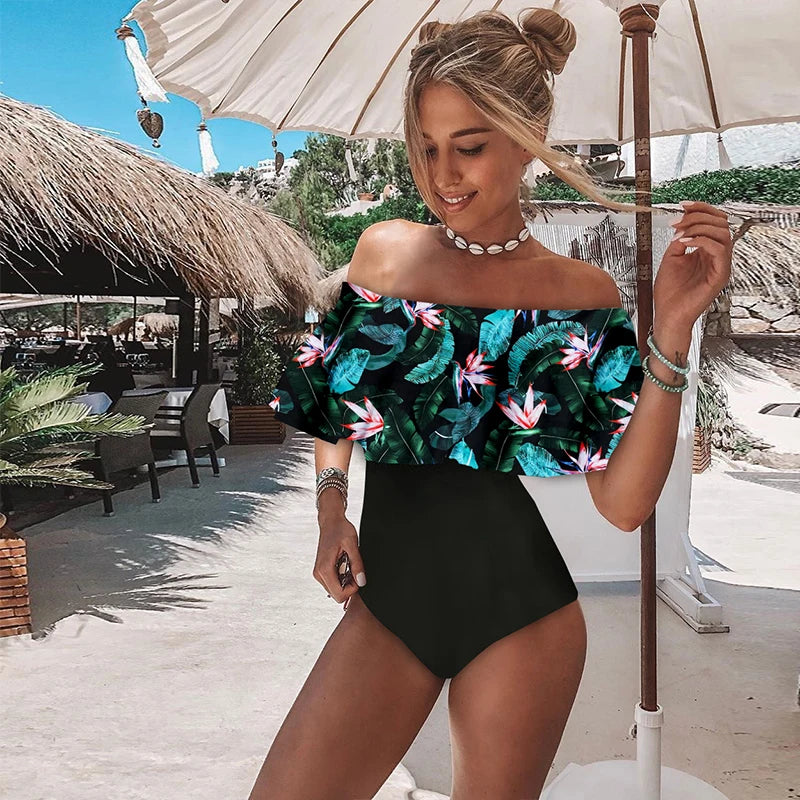 SupBora Off The Shoulder One Piece Swimwear - Solid Color