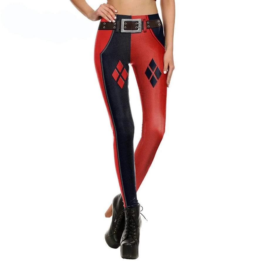 Leather Harley Quinn Leggings - Geometric Pattern Streetwear