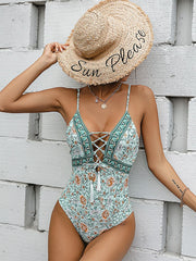 BIKINX Vintage Print One Piece Tassel Bandage Swimsuit - Lycra Spandex